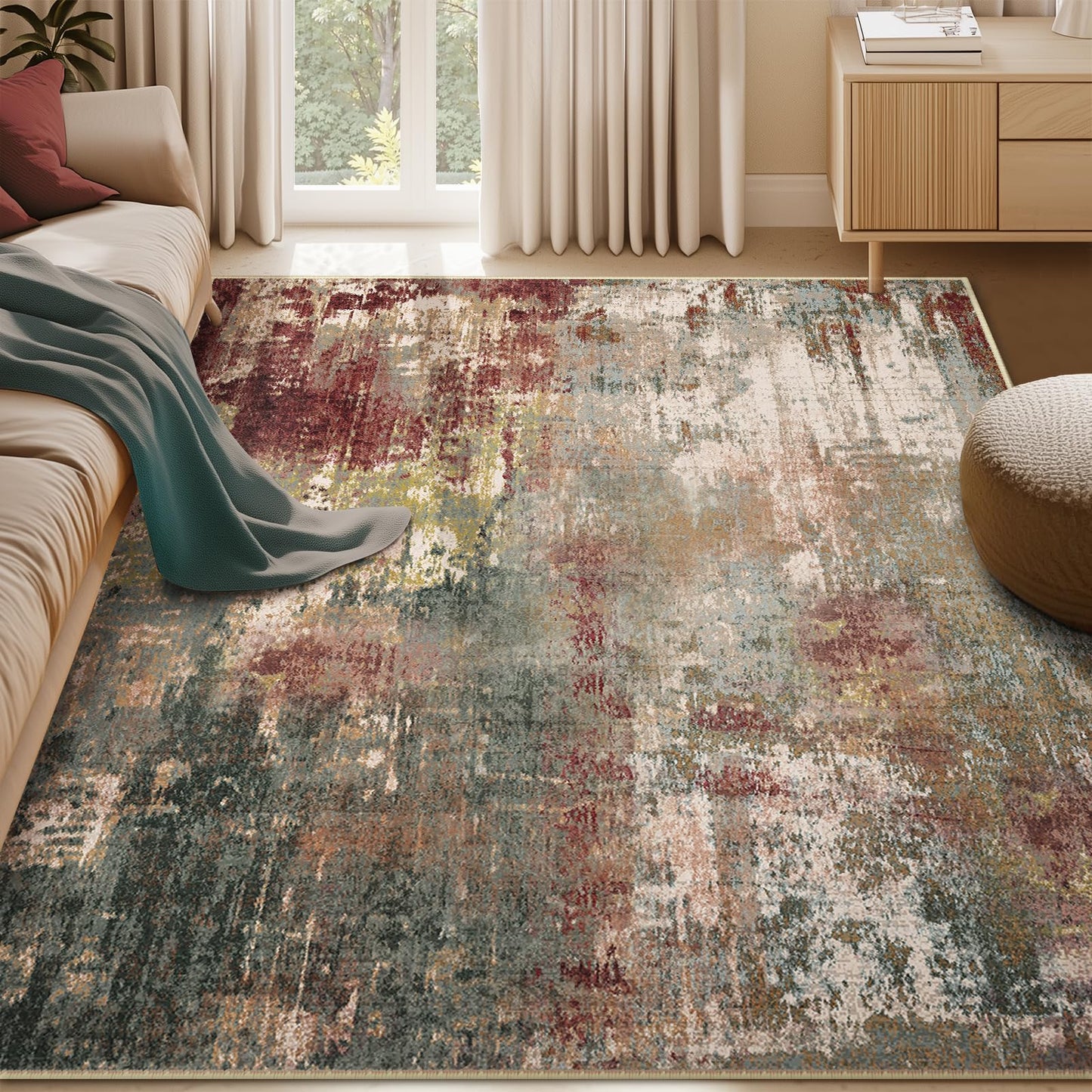 RELEANY Washable Area Rug 5'x7' Non-Slip Indoor Modern Abstract Low Pile Soft Carpet Rugs for Living Room Bedroom Home Entryway, Print Pattern, Brown Rust Red Green Blue Multi