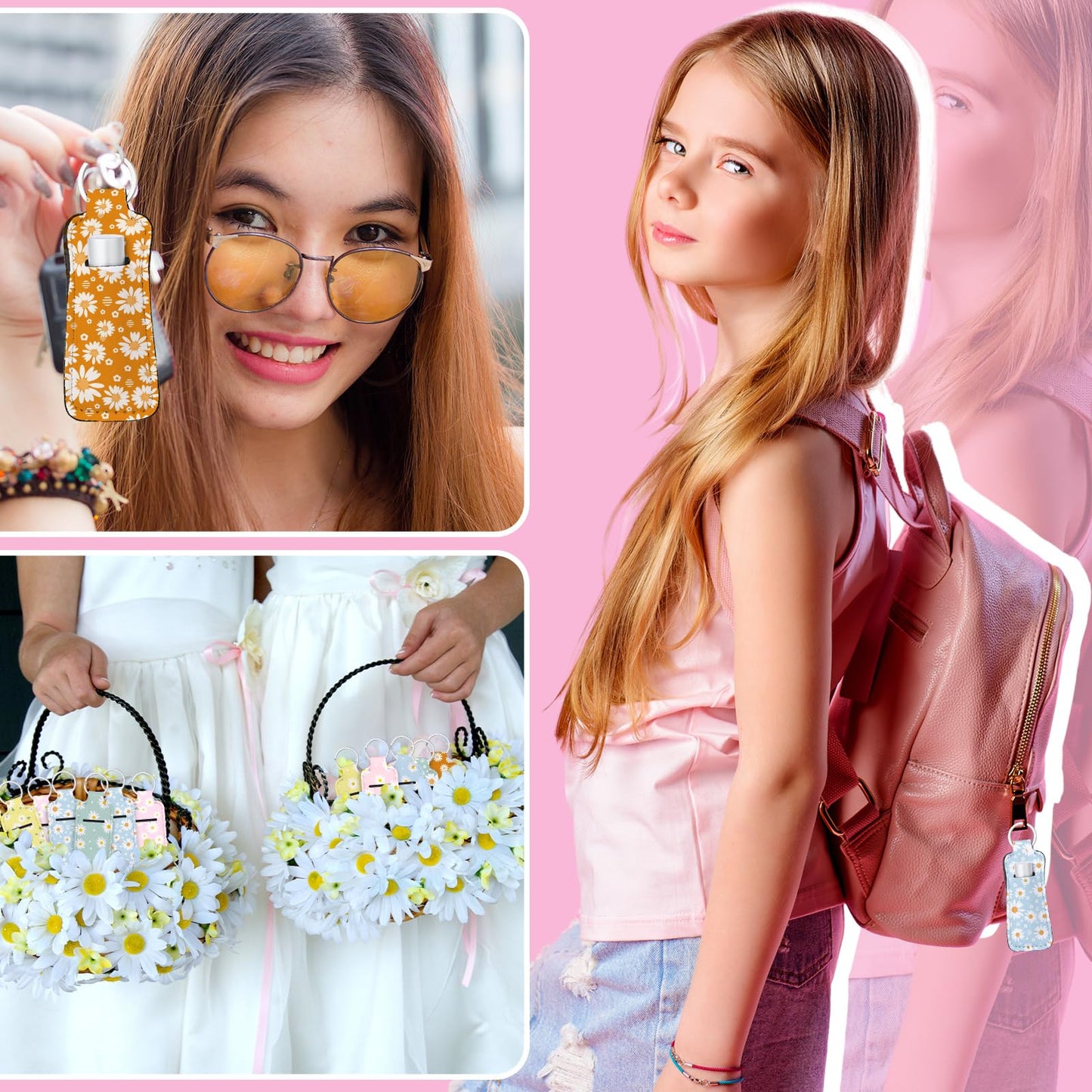 Ctosree 40 Pcs Colorful Daisy Theme Lipstick Holder Keychain Bulk with Portable Clip on Lip Gloss Sleeve Pouch Keychain Daisy Pocket Lip Balm Holder, 10 Pattern