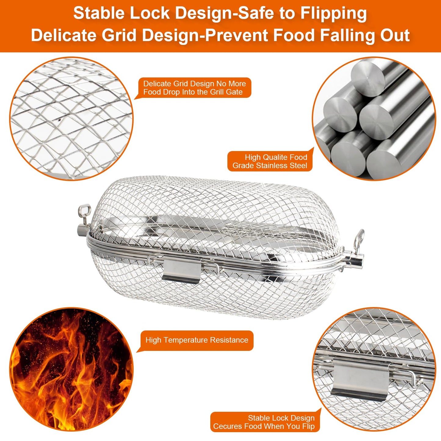 64000 Rotisserie Grill Baskets for Napoleon Outdoor Grill, Fits Universal Standard Spit Rods, Rotisserie Grill Basket Accessory-Even Cooking of Wings French Fries Veggies Kabobs