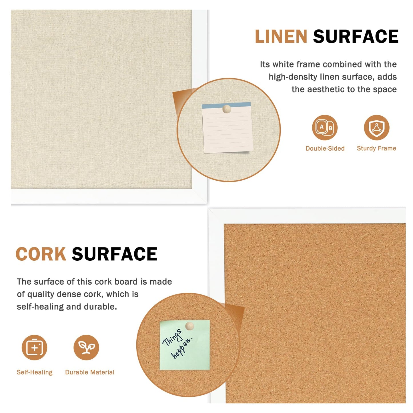 AMUSIGHT Double-Sided Large Cork Board with Linen, 24" x 18" Hanging Wood Framed Bulletin Board, Picture Display Vision Board Corkboards for Wall Room School Office Decor, 20 Pushpins,1pack