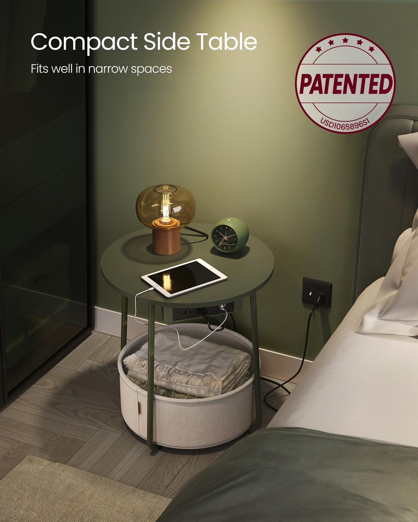 VASAGLE LILEA Collection - Small Round Side End Table with Charging Station, Modern Nightstand with Fabric Basket, USB Ports, Forest Green and Cream White ULET228C04