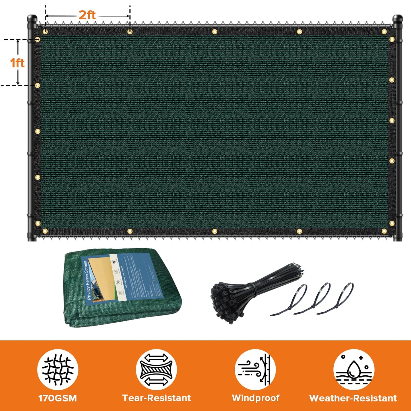 Cisvio 6ftx50ft Fence Privacy Screen Heavy Duty 170 GSM Windscreen Fabric Privacy Screen Covering Mesh Fencing For Decorative Fences Outdoor Patio, Backyard, Pool, Deck, Dark Green