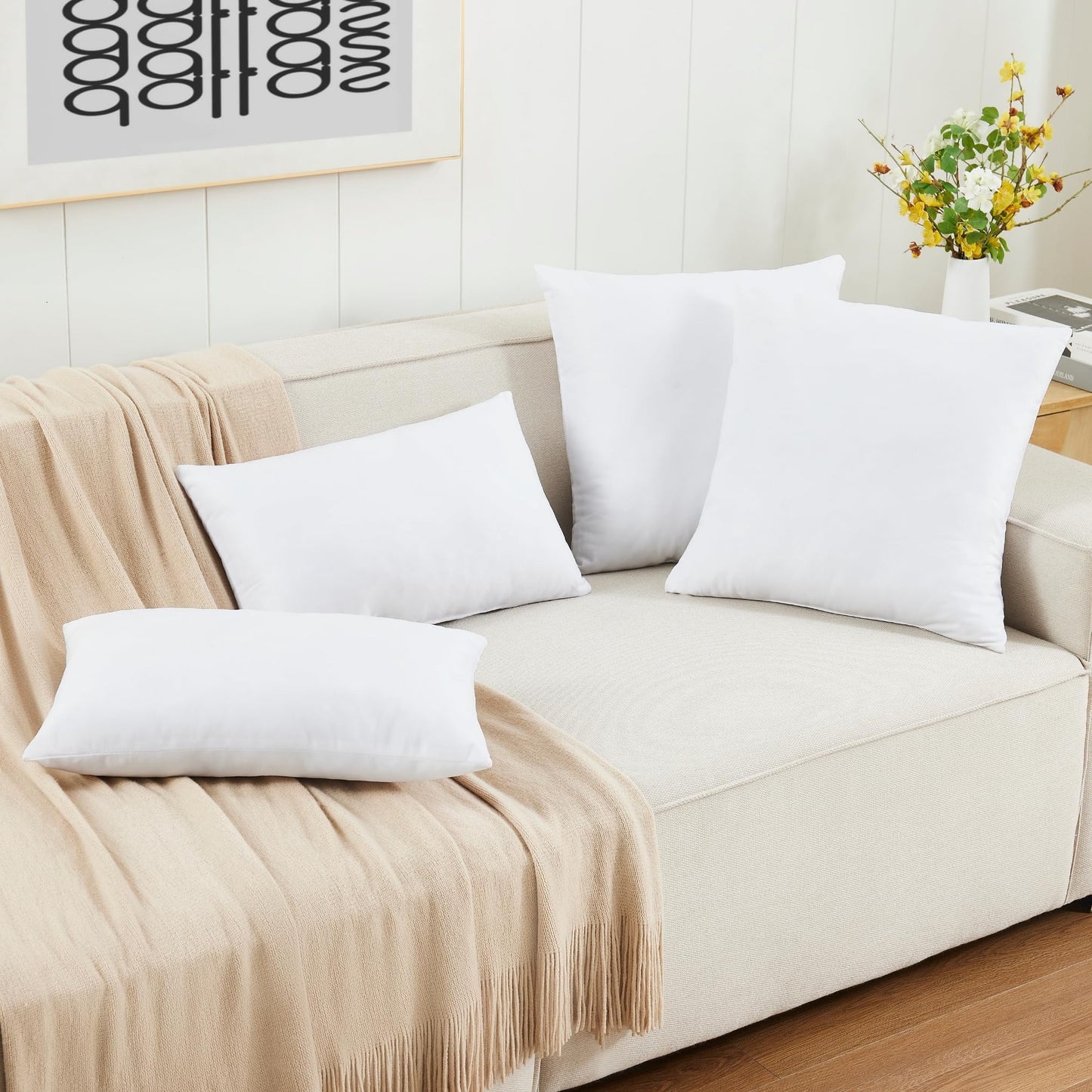 Throw Pillow Inserts Pack of 4 White - 18 x 18 Inches Velvet Pillows for Sofa, Couch and Bed - Indoor Decorative Pillows