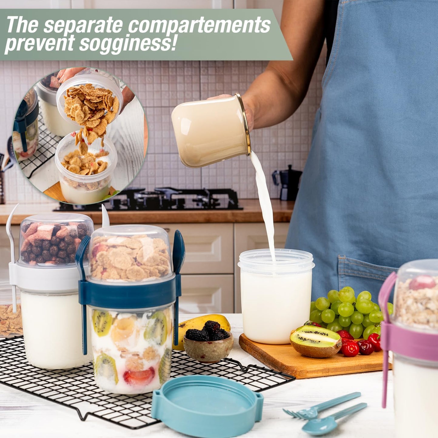 Eynel 650ml Take-go Fruit Muesli Container with Spoon Picnic Work Yogurt Milk Cup Breakfast Glasses with Lid and Spoon, Cereal Topper Oatmeal Granola (Set of 4)