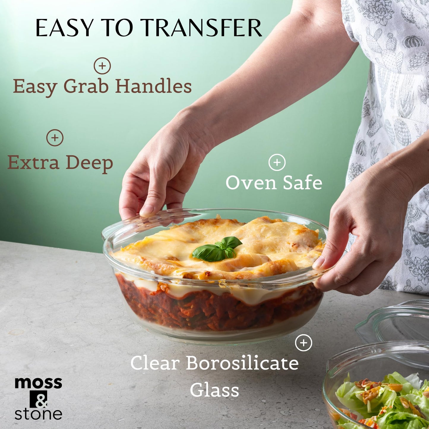 Moss & Stone Basics 3-Piece Glass Casserole Set, Borosilicate Glass, 3 Round Dishes With Lid, Oven & Microwave Safe