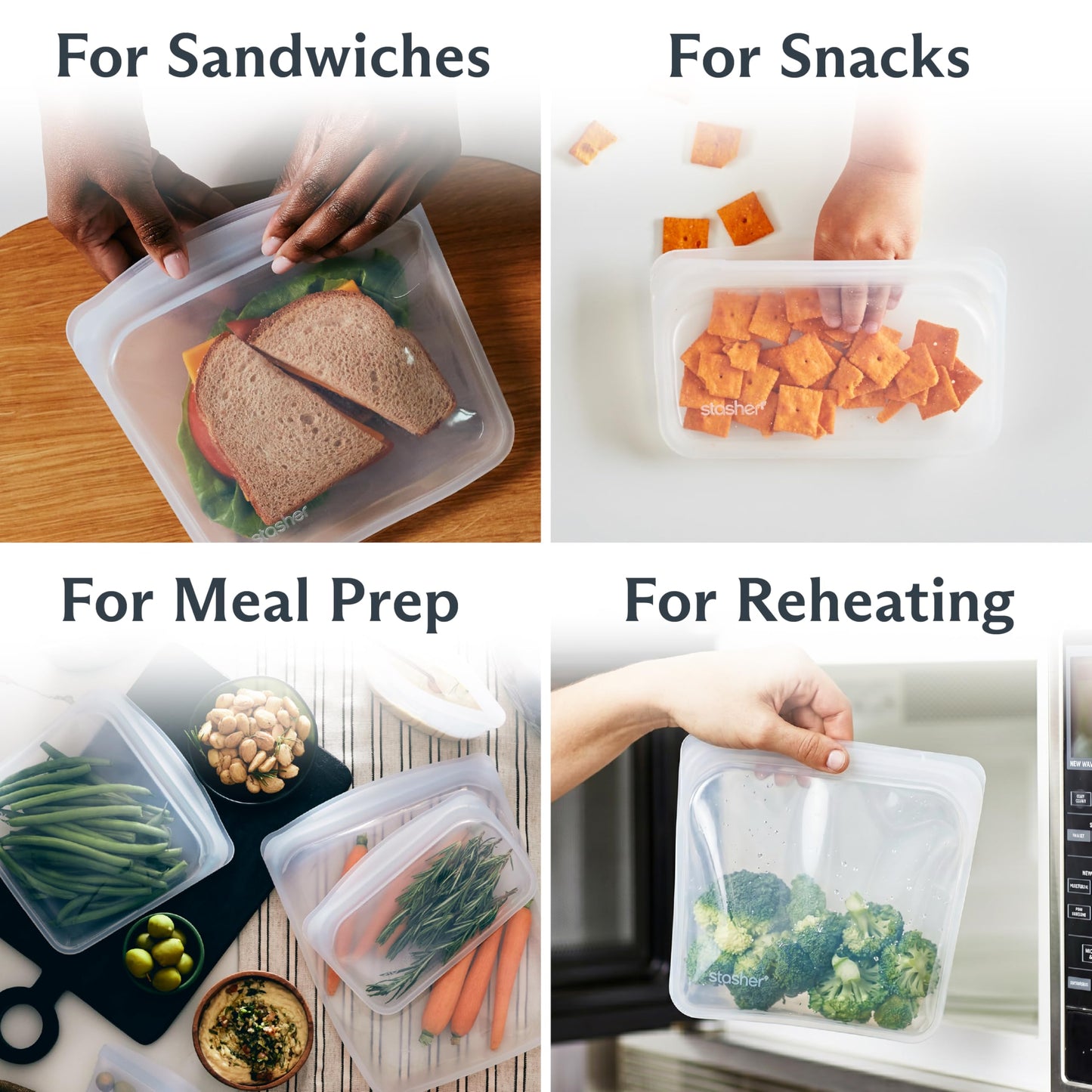Stasher Platinum Silicone Food Grade Reusable Storage Bag, Clear (Bundle 4-Pack Small) | Reduce Single-Use Plastic | Cook, Store, Sous Vide, or Freeze | Leakproof, Dishwasher-Safe, Eco-friendly