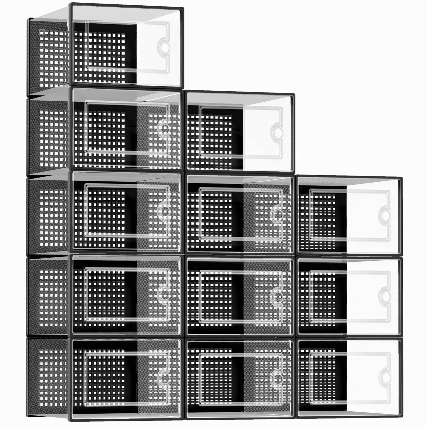 Kuject X-Large Shoe Storage Organizers,12-Pack Clear Plastic Stackable Shoe Boxes, Shoe Rack Cabinet Substitute, Sneaker Containers, Toy Storage Bins for Entryway, Closet, Under Bed, Garage, Black