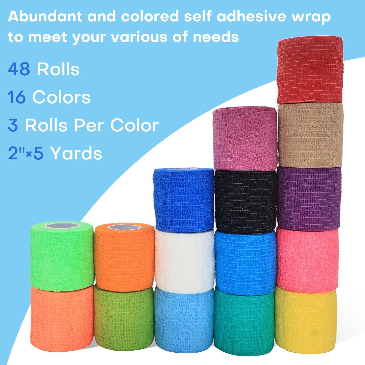 Fenhupe 48 Pack 2” x 5 Yards Self Adhesive Bandage Wrap, Elastic Breathable Cohesive Bandage Wrap Athletic Stretch Tape for Wrist Ankle Sports (Multi-Color)
