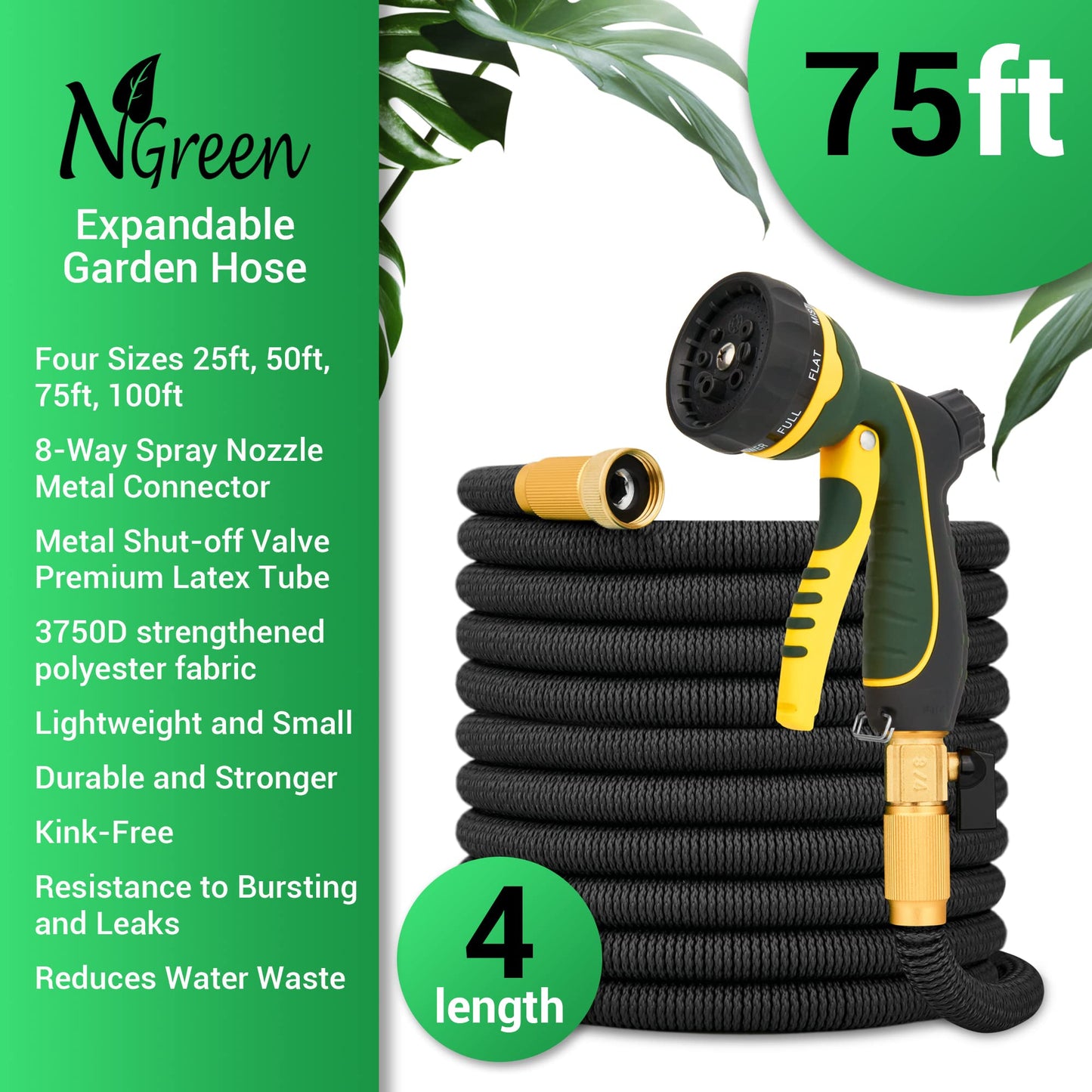 NGreen Expandable and Flexible Garden Hose - Strength Durable Fabric and Latex Inner Tube, Lightweight Easy Storage Kink Free Water Hose, Leakproof Solid Brass Fittings with Nozzle (75 FT, Black)