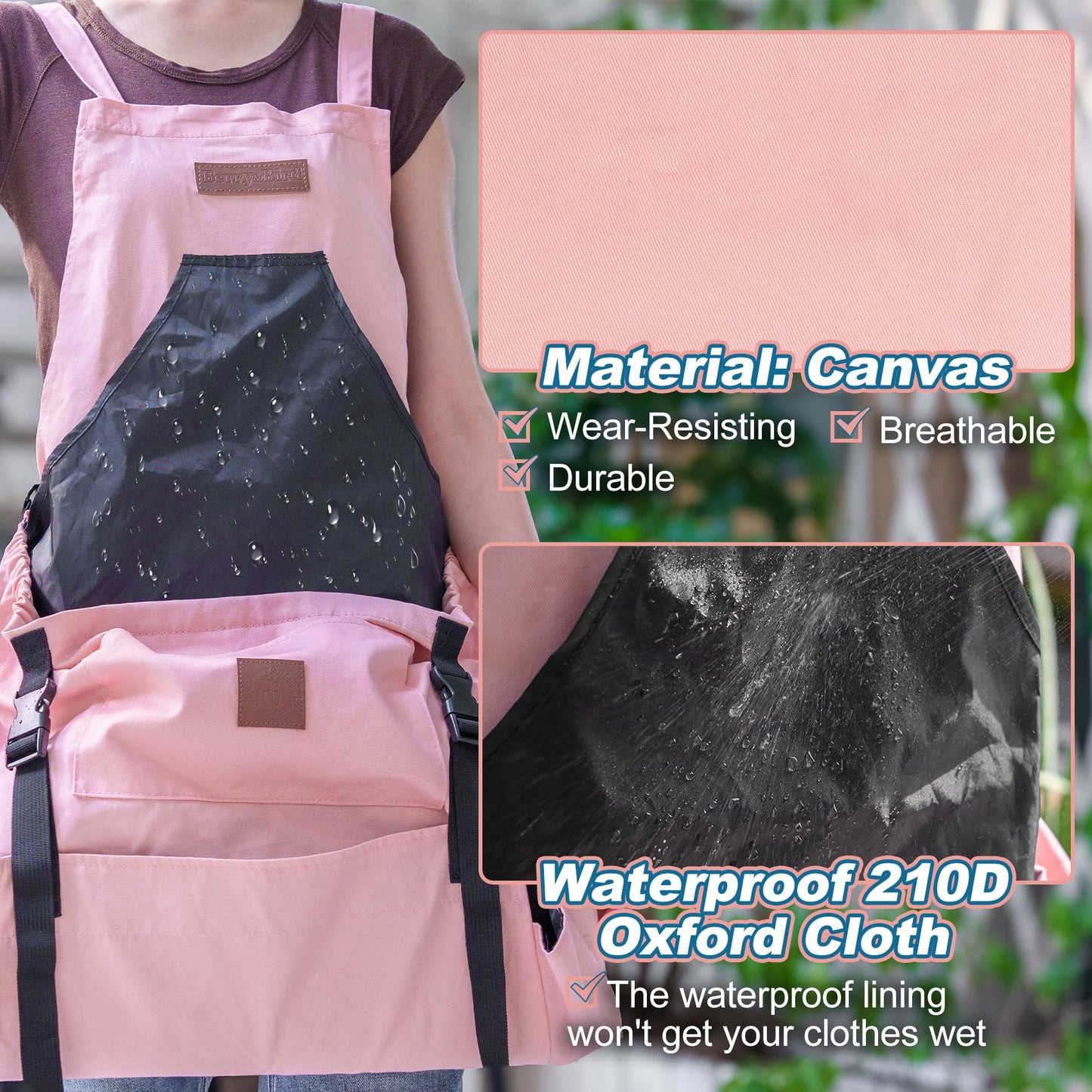 Berry&Bird Harvest Apron, Canvas Gardening Apron with Pockets and Harvesting Pouch Waterproof Harvesting Apron（Pink)