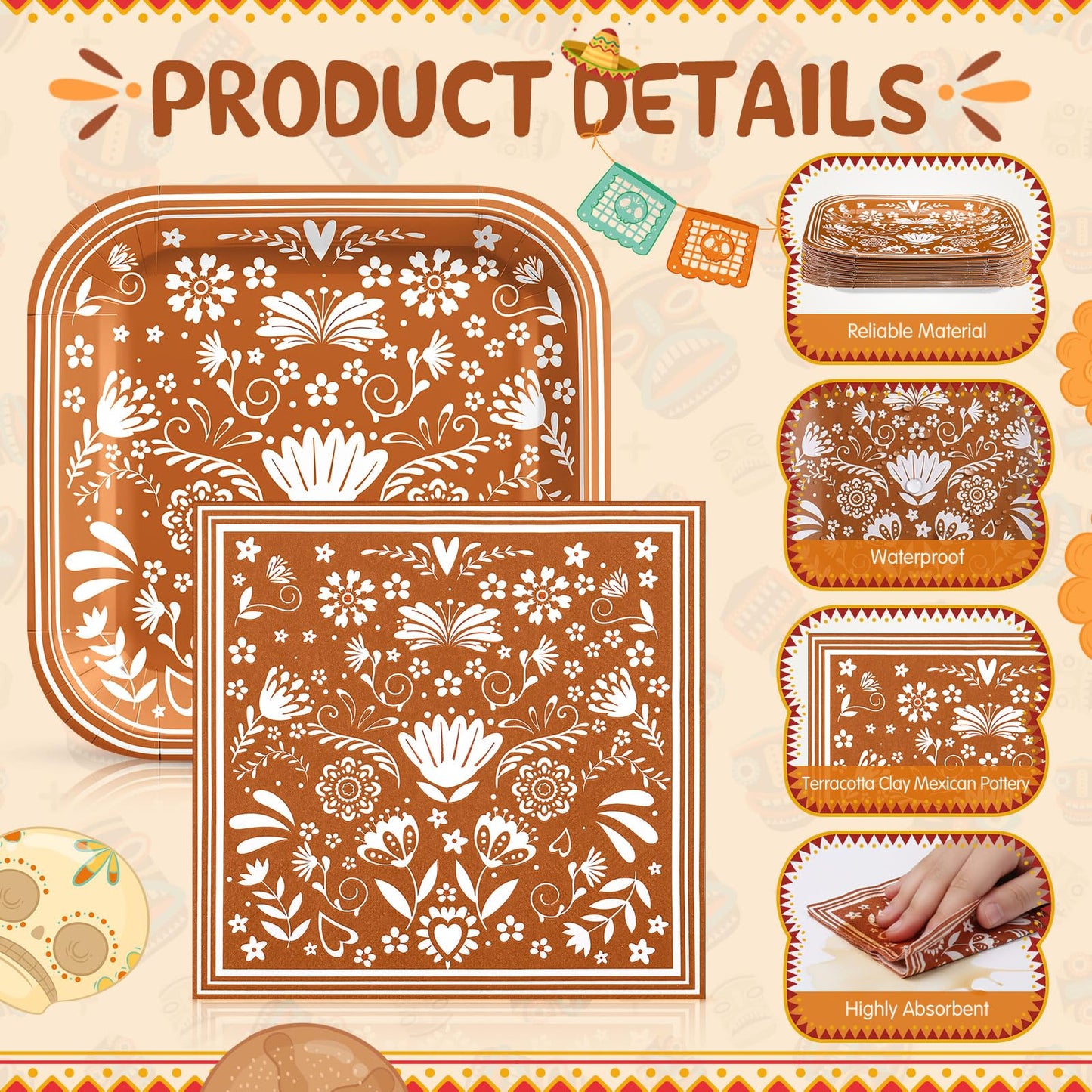 Zhehao 72 Pcs Cielito Lindo Plates and Napkin Set Serve 36 Platos De Barro Mexicanos for Mexican Cielito Lindo Party Supplies 7" Fiesta Terracotta Clay Pottery Disposable Decoration