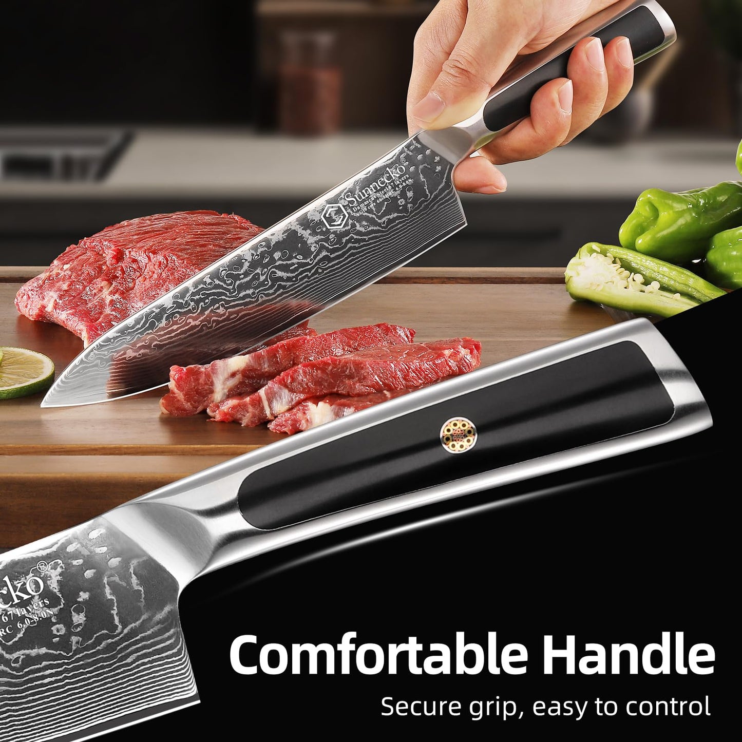 Sunnecko 8 Inch Chef Knife - Ultra Sharp 10-12° Japanese Damascus Knife, VG10 67 Layers Forged Kitchen Knife for Meat Cleaver & Vegetable Slicing, Full Tang Professional Cooking Gift for Father’s Day