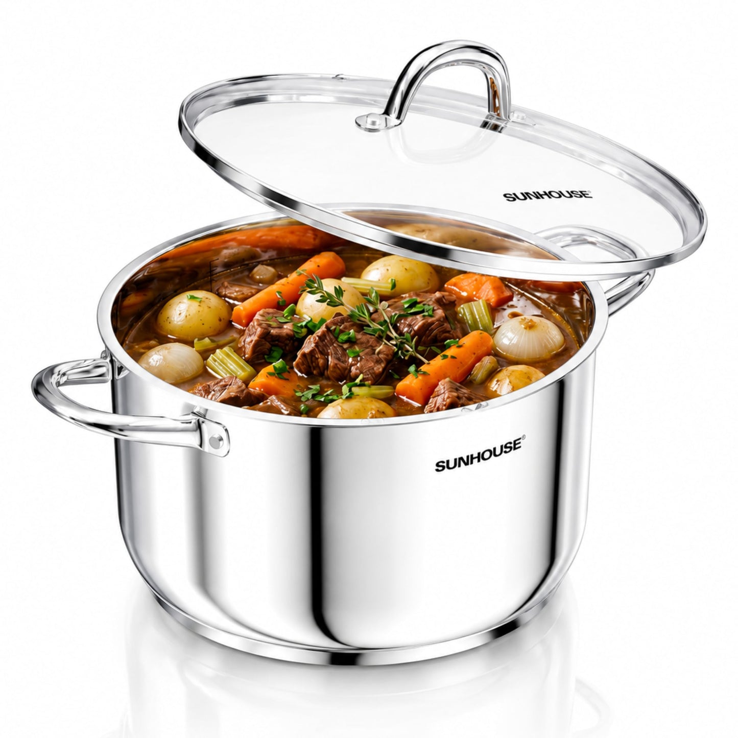 SUNHOUSE Stainless Steel Stock Pot - 13 Quart Heavy-Duty Induction Cooking Pot with Visible Lid for Pasta, Soup, Spaghetti - Nonstick Thick-Bottom Deep Stockpot for Canning, Boiling, and Simmering