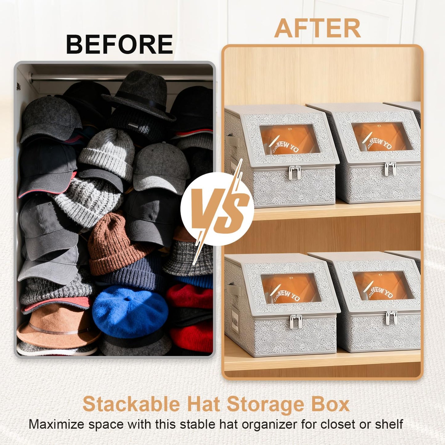 2PCS Hat Storage Box for Baseball Caps - Stackable Foldable, Hat Organizer for Closet, Baseball Cap Storage Box, Hats Storage Bins with Handle for Shelf or Wardrobe, Grey