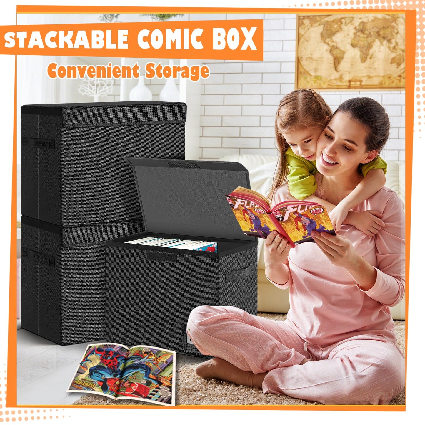 Leffis 2 Pack Collapsible Comic Book Storage Box 15.5" X 7.5" X 11.3", Short Comic Book Box with Handles, Holds 150 Comics Heavy Duty Comic Book Bin