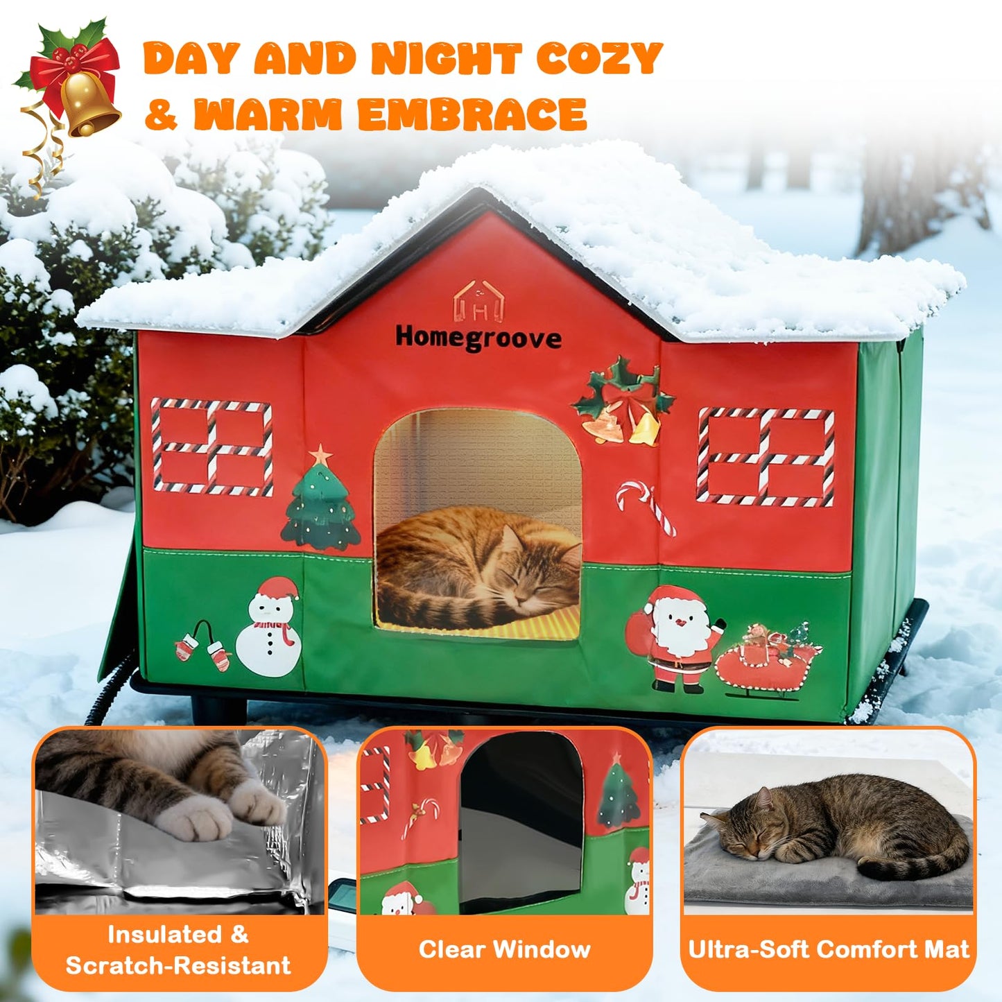 Homegroove Christmas Heated Cat House for Outside - 25 x 17 x 18 inches Festive Weatherproof & Insulated Outdoor Shelter with Heating Pad, Skylight for Stray & Feral Cats