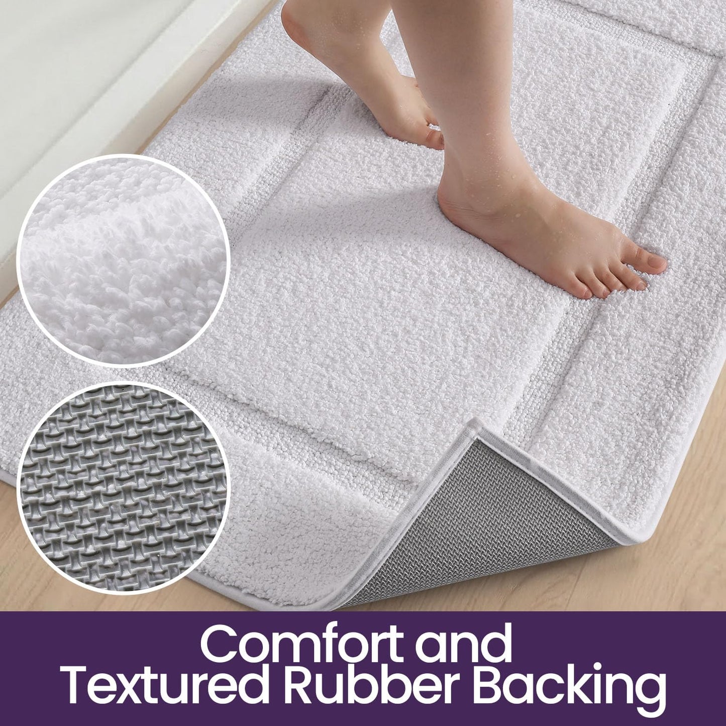DEXI Bath Mat 20x32, Water Absorbent Microfiber Large Bathroom Rug with Non Slip Backing, Machine Washable Bathmat Shower Carpet for Floor, Tub, White