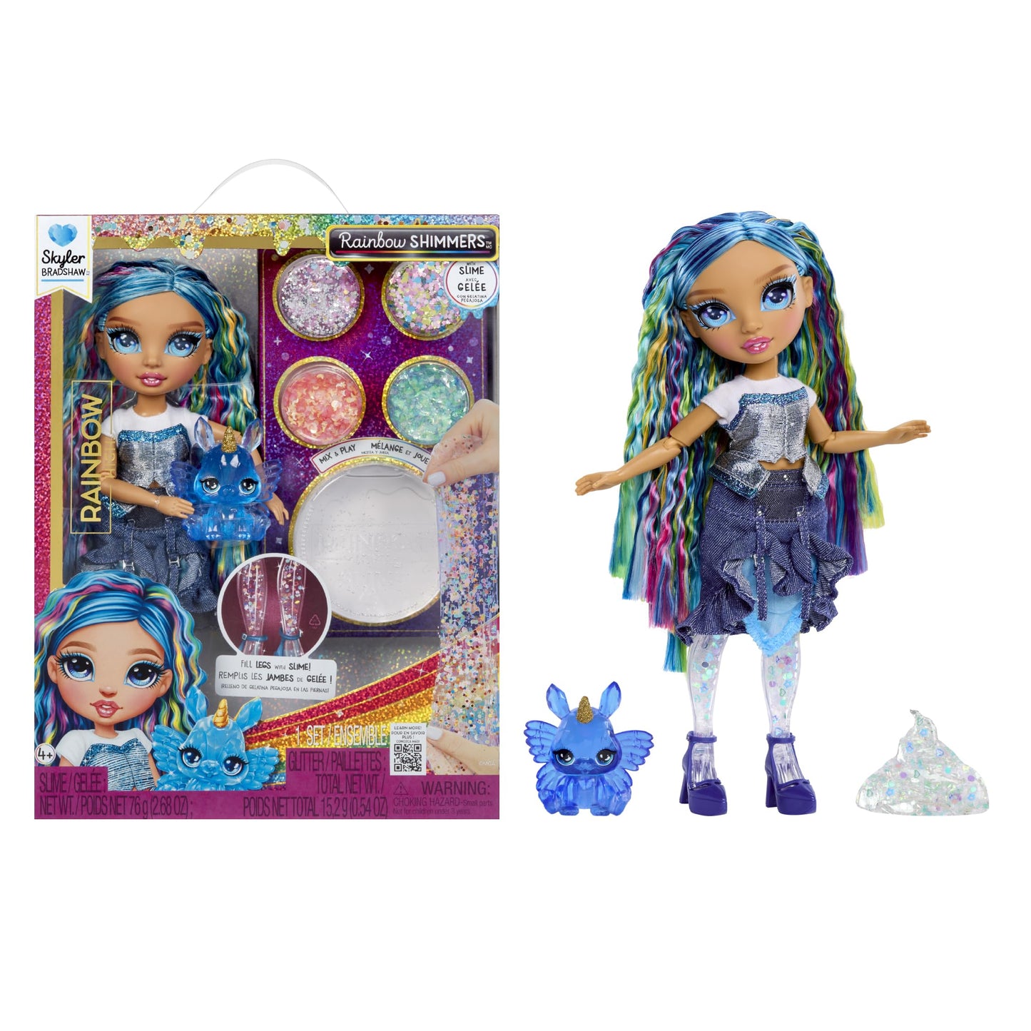 Rainbow High Rainbow Shimmers with Slime – Skyler, Blue 11” Fashion Doll, Create a Rainbow Doll, Slime Kit, Pet Bunny, Kids Gift 4+