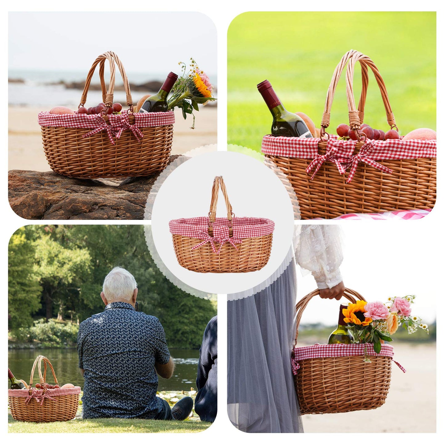 G GOOD GAIN Wicker Picnic Basket with Double Folding Handles,Willow Picnic Hamper,Natural Hand Woven Easter Basket,Easter Eggs and Candy Basket,Bath Toy and Kids Toy Storage,Gift Packing Basket.Red