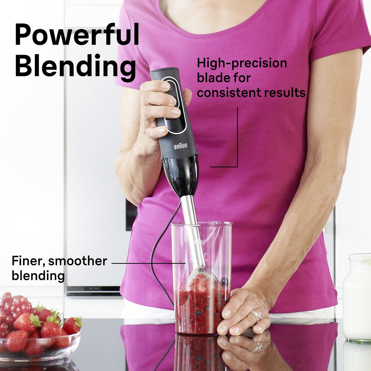 Braun MQ505 Portable Immersion Hand Blender, Powerful 350W Stick Blender, Dual Speed, Whisk, Beaker, Soup, Baby Food, Mixer, Hummus, Egg Beater, Smoothies