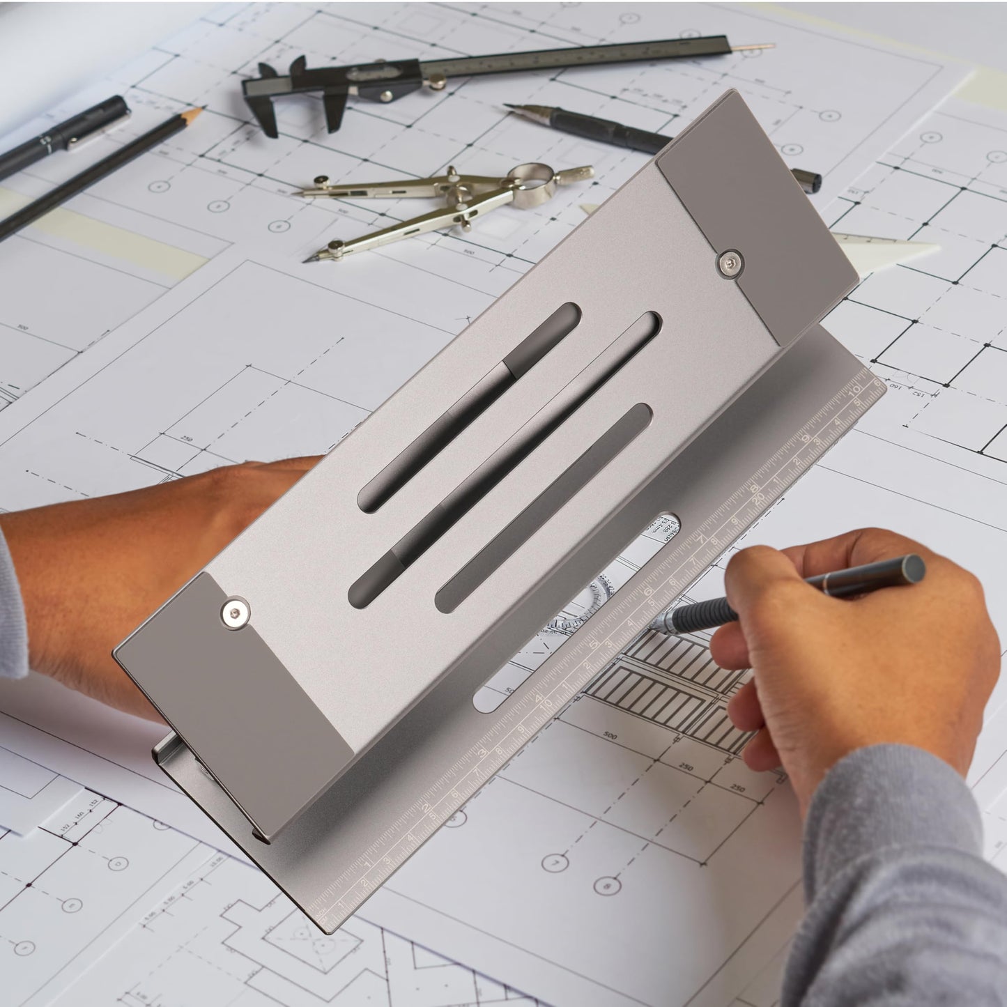 Psitek Aluminum Fold & Laptop Riser Stand 3-in-1 Adjustable, Foldable Cooling Stand with Integrated Storage Box, Ruler and Ultra-Slim Portable Design for MacBook, Tablet, Ipad, Keyboard and All Laptop