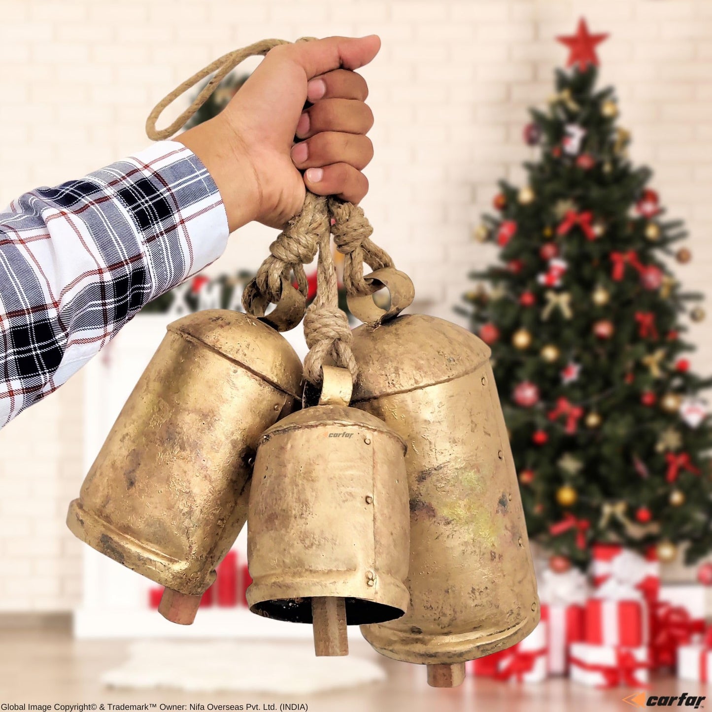 Carfar Shabby Chic Set of 3 Country Rustic Style Bells Handmade Metal Harmony Christmas Hanging Cow Bell Set on Jute Rope (Large)