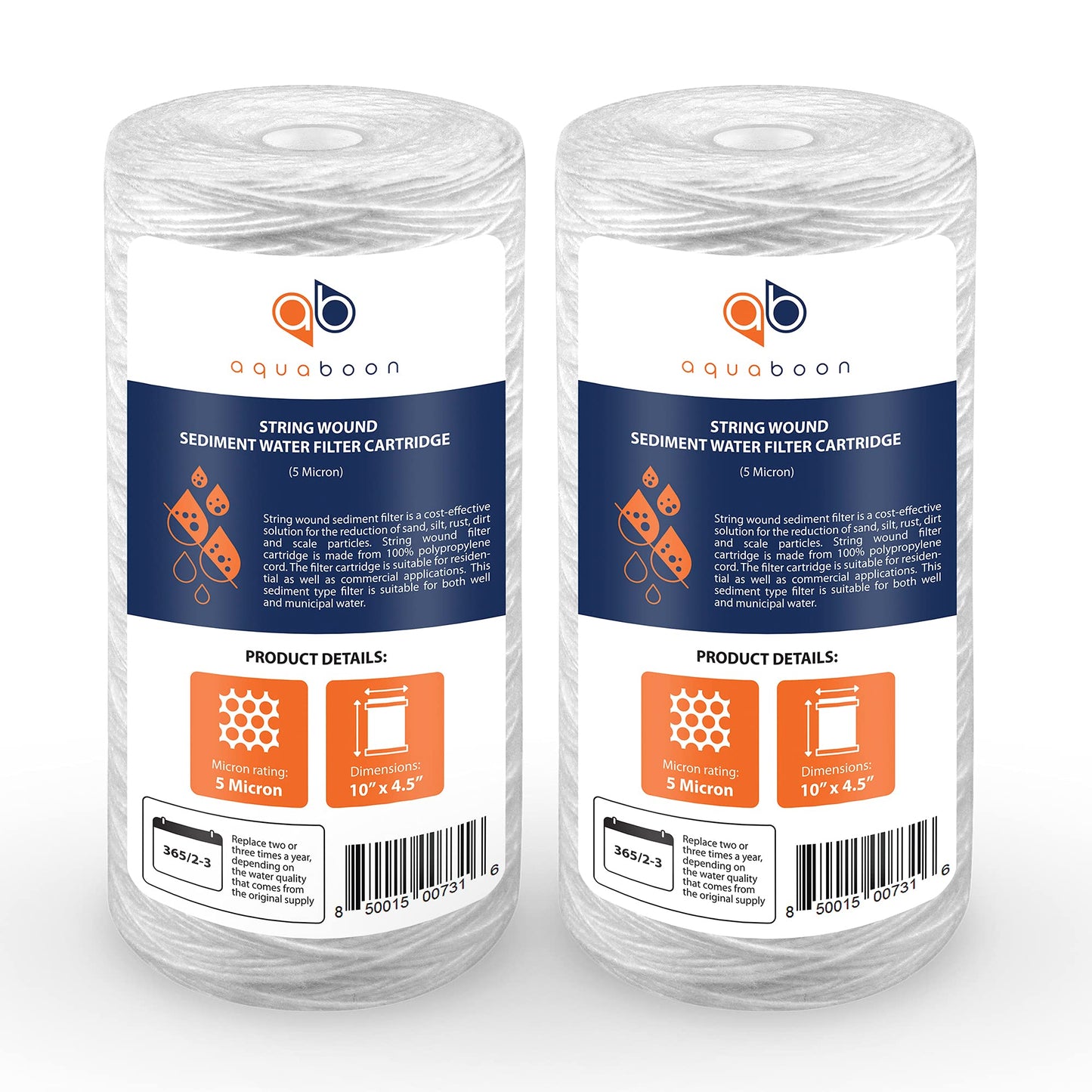 Aquaboon 5 Micron Water Filter 10 x 4.5 inch - String Wound Water Filter for Whole House System - Compatible with 84637, WPX5BB97P, PC10, 355214-45, 355215-45, WP10BB97P, WP5BB97P 2 Pack