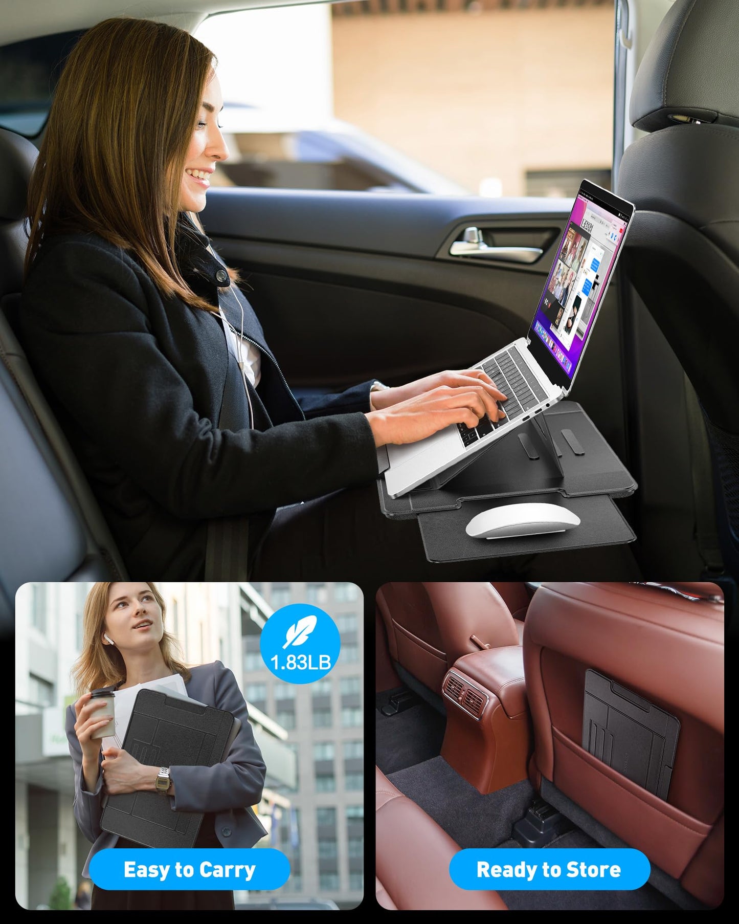 AboveTEK Adjustable Laptop Lap Desk, Portable Lap pad Workstation with Retractable Mouse Pad | 3 Ergonomic Angles, PU Leather Non-Slip Surface, Heat Shield, for Bed, Sofa, Travel