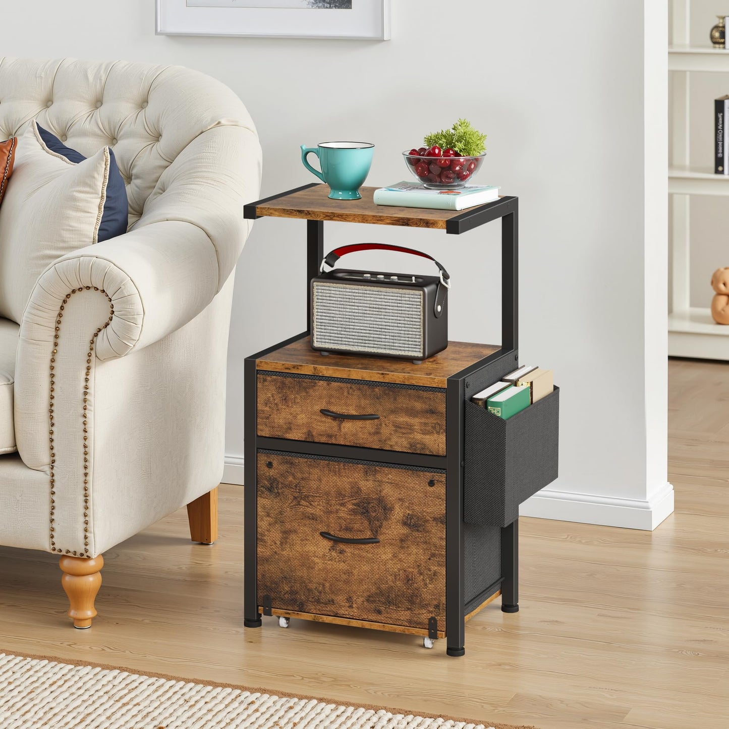 HIGDBFE Filing Cabinet with 2-Tier Printer Shelves, 2 Fabric Drawers File Cabinet with Reversible Side Bag&File Drawer, Printer Stand with Storage for Home Office, Rustic Brown, 16.5" W