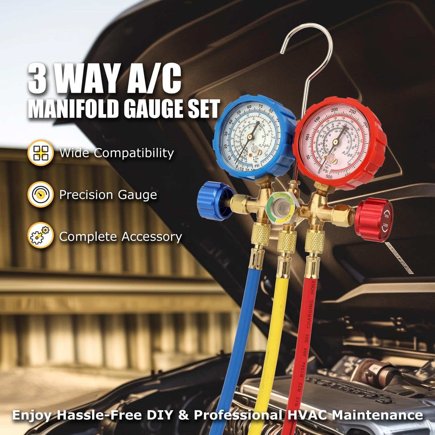 AURELIO TECH 3 Way AC Manifold Gauge Set, Fits for R134A R12 R22 and R502 Refrigerants, with 5FT Hose, Acme Tank Adapters, Quick Couplers and Can Tap (2022 Upgrade Version)