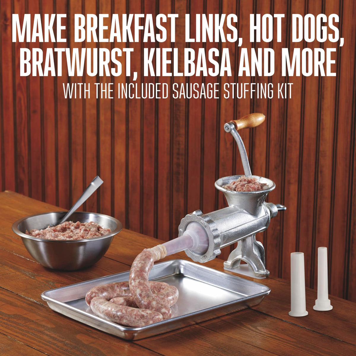 Weston #10 Manual Tinned Meat Grinder and Sausage Stuffer, 4.5mm & 10mm plates, + 3 sausage funnels,SAdjustable Burrs, Portable,Silver, 36-1001-W