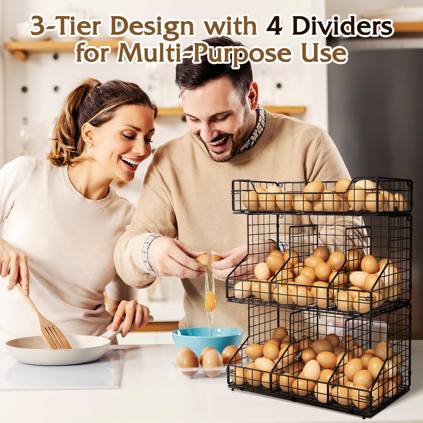 X-cosrack Egg Holder Countertop, 3 Tier Storage Rack with Labels Dividers to Separate Eggs, Stackable Wire Baskets for Fresh Egg, XXL Egg Dispenser for Countertop/Wall-Mounted