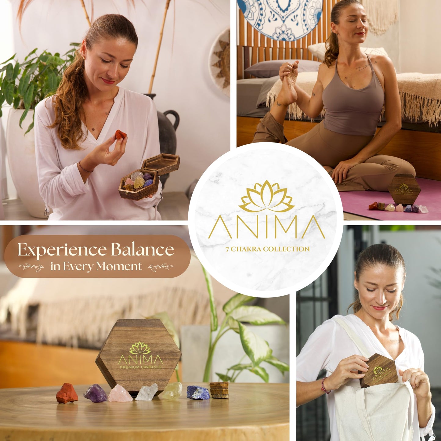 Anima Premium 7 Chakra Healing Crystals Set for Energy Alignment - Large Raw Amethyst, Rose Quartz, Citrine, Lapis Lazuli, Clear Quartz, Tigers Eye & Red Jasper - Wooden Gift Box & Guidebook Included