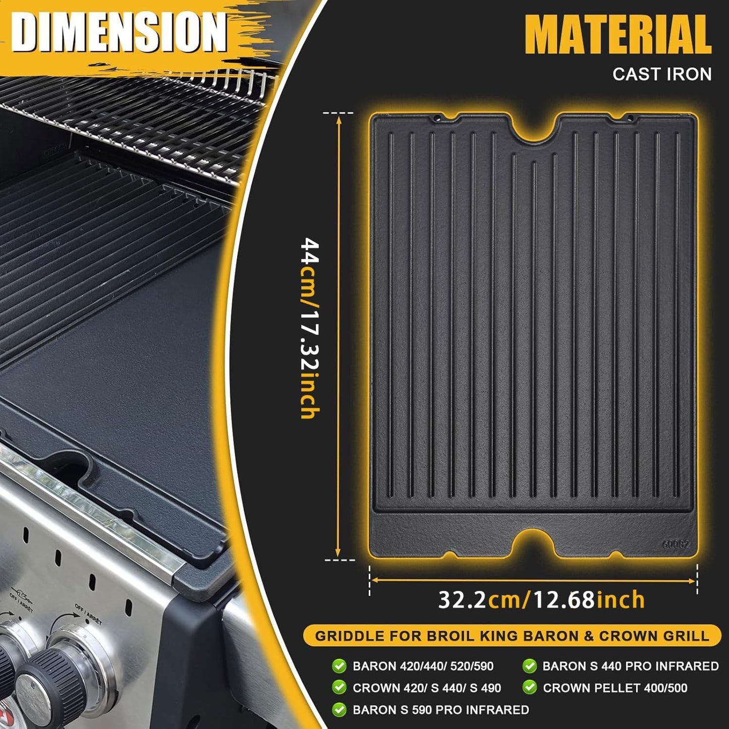 GFTIME 17.3"x12.7" bbq cast iron griddle pan for BroilKing Baron 420/440/490/520/590,Reversible grill griddle for BroilKing Crown 420/440/490,Crown Pellet 400/500,bbq griddle plate for BroilKing 11242