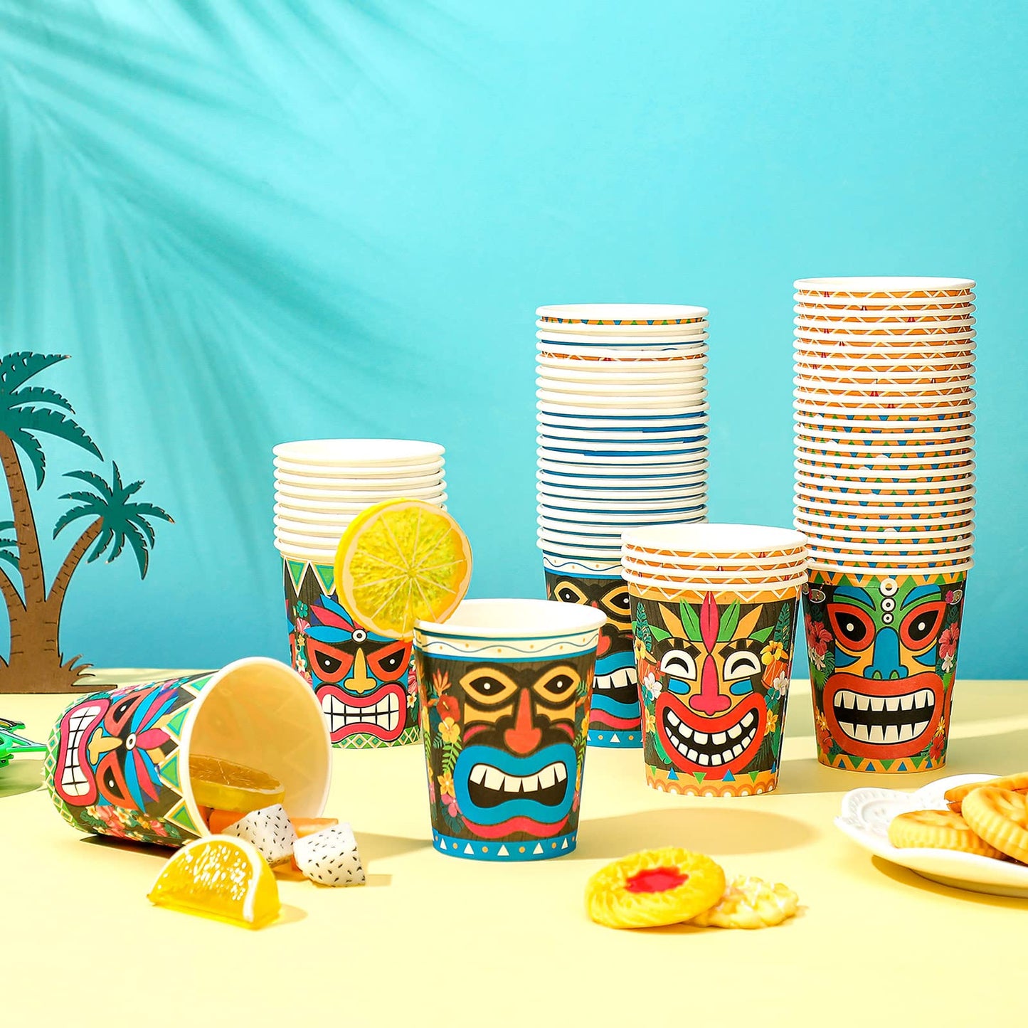 Yinder 60 Pieces Tiki Cups 9 oz Tiki Disposable Paper Cups Cute Party Decorations Summer Pool Party Decor for Kids Adults Beach Drinking Supplies(Hawaii)