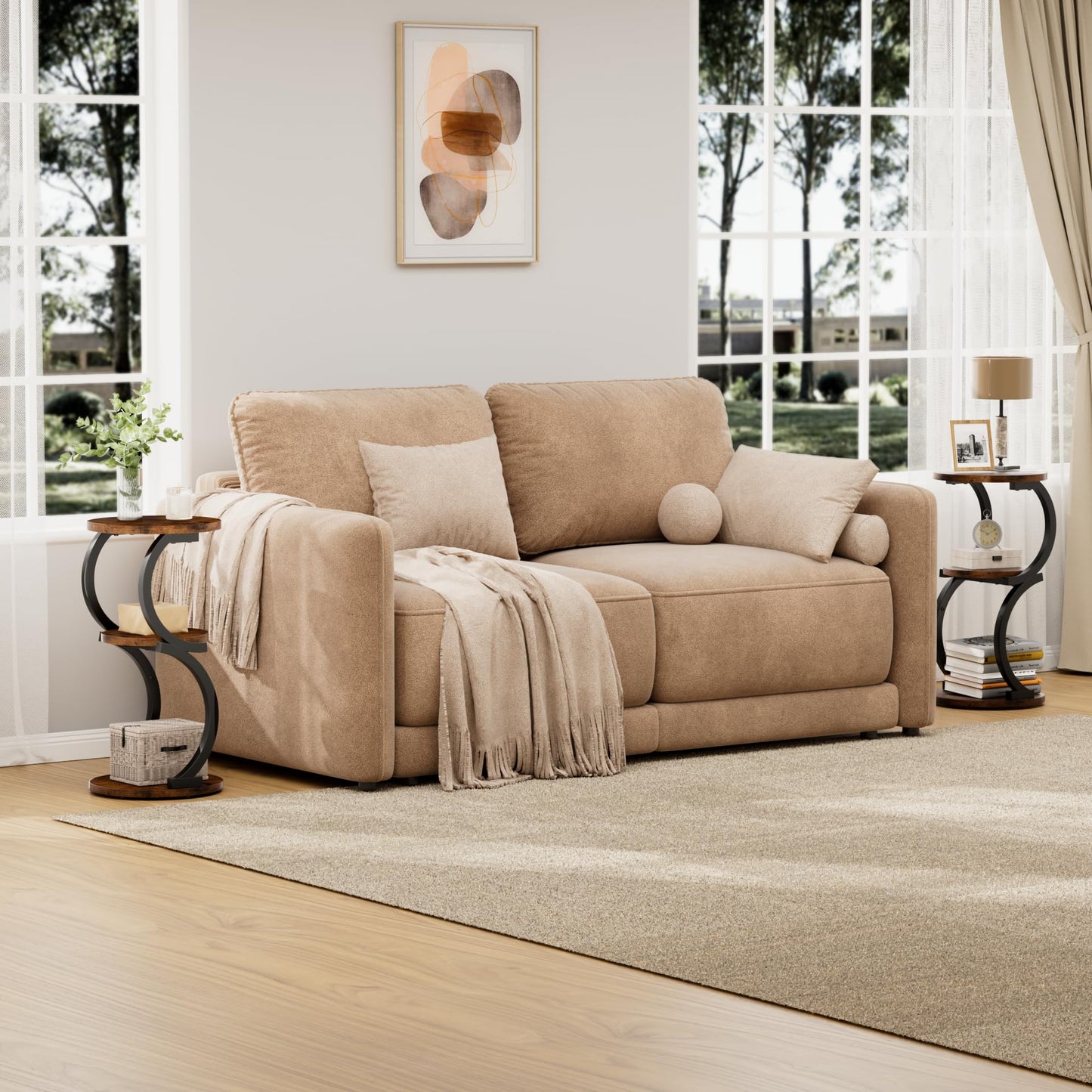 JUSTOGO Round Side Table, S-shaped 3-Tier Coffee Table, Small Table, Wood, Metal Bedside Table for Living Room, Bedroom