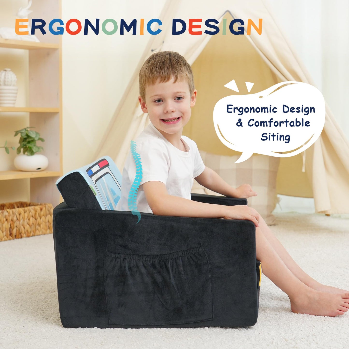 MallBest Kids Sofas Children's Sofa Bed Baby's Upholstered Couch Sleepover Chair Flipout Open Sofa(Black/Police Car)