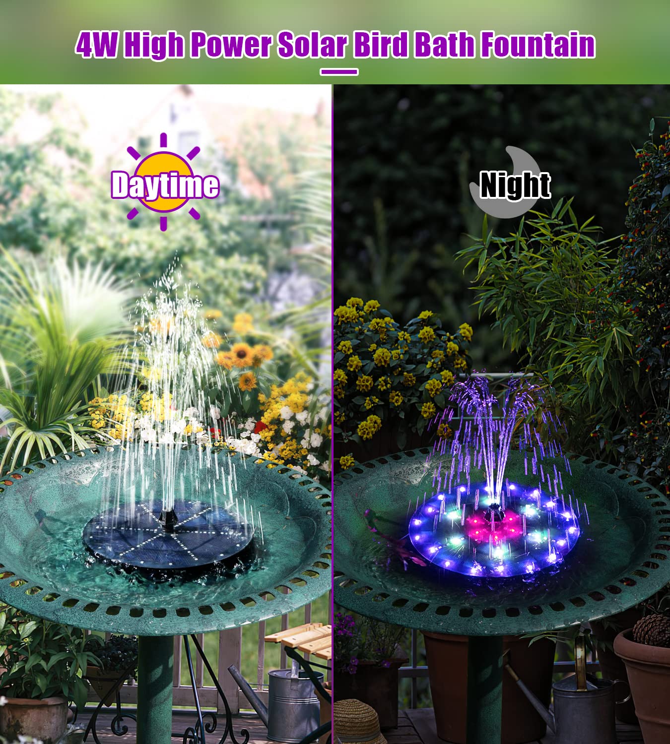 SZMP Solar Fountain 4W Bird Bath Fountains Upgraded 60LED Colorful Lights, Solar Powered Fountain Pump with 4000 Battery, Solar Water Fountain with 7 Nozzle & 4 Fixer for Garden, Bird Bath, Pool, Pond