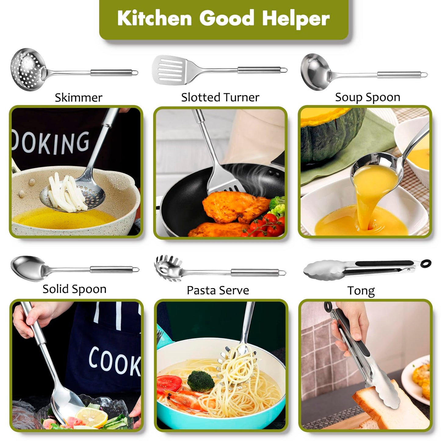 Stainless Steel Kitchen Utensils Set - 12pcs Cooking Utensil Set with Holder, Heat Resistant Metal Spatula Sets for Cooking, Stainless Steel Utensils Set with Turner Potato Masher Spoon Tong Whisk