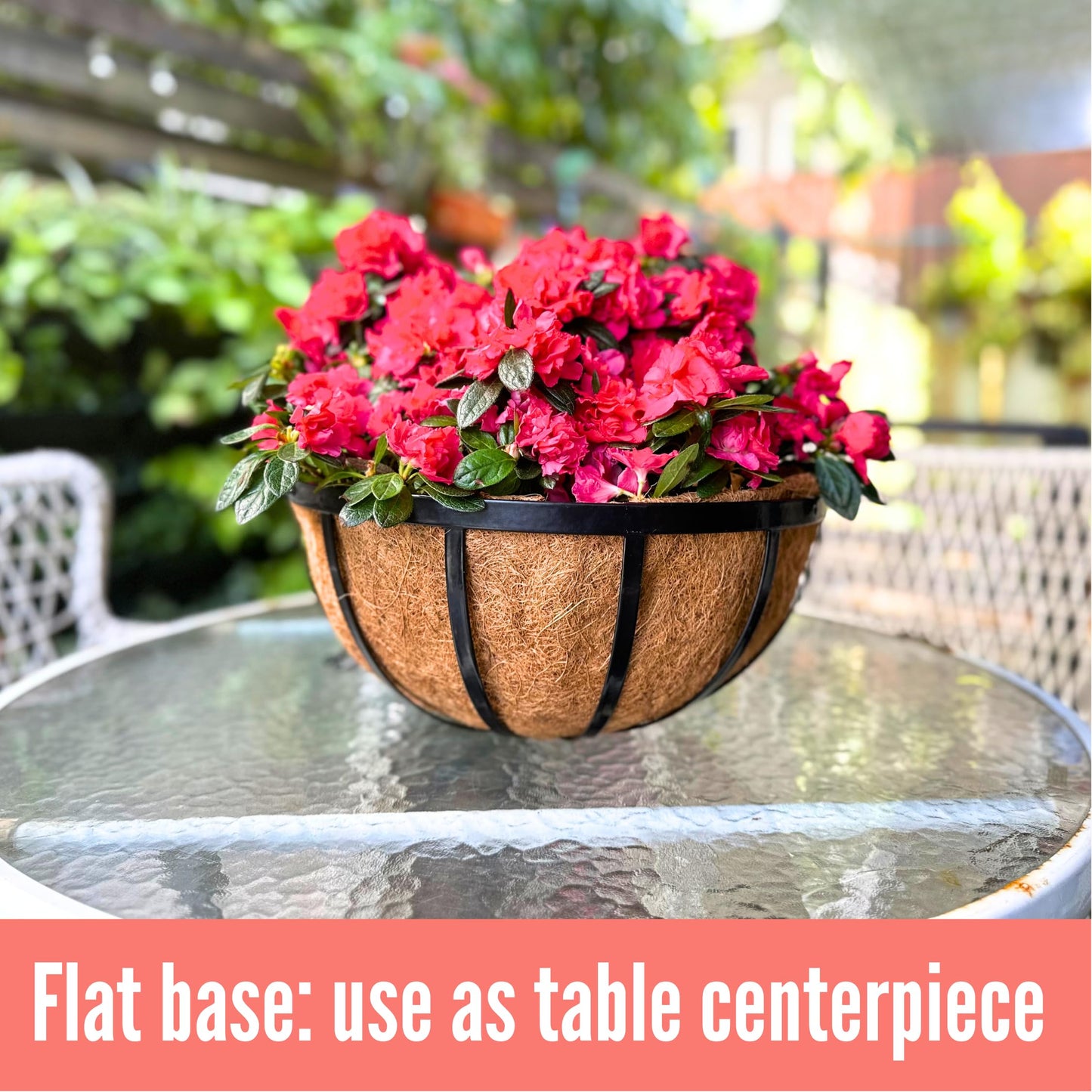 LaLaGreen Outdoor Hanging Baskets for Plants (18 Inch, 2 Pack) Extra Large Black Metal Flat Iron Hanging Planters with Coco Liner Round Flower Pot Holder Hanger Deck Porch Modern Garden Balcony Decor