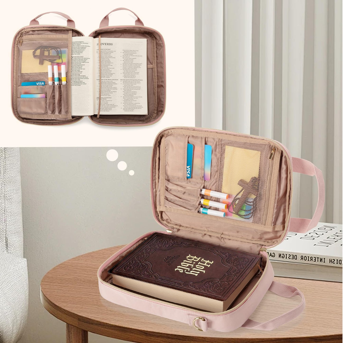 Teamoy Bible Cover Case for Women Men, Bible Book Cover Church Bag Carrying Case with Shoulder Strap, Pink Quilted