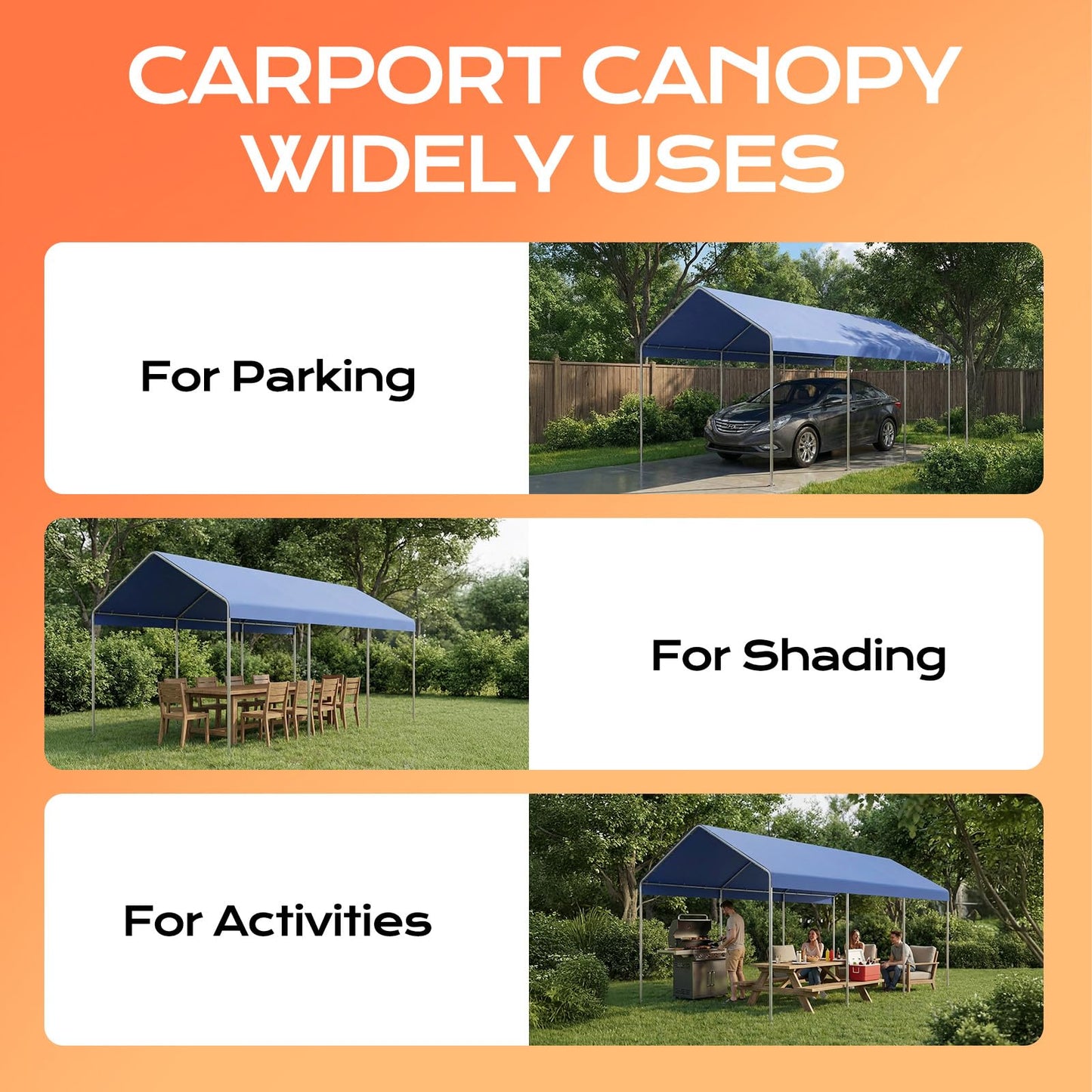 COWVIE 3 x 6m Carport Canopy Replacement Cover, with 46Pcs Long Ball Bungees, Waterproof Garage Top Tent Shelter Tarp, Only Top Cover