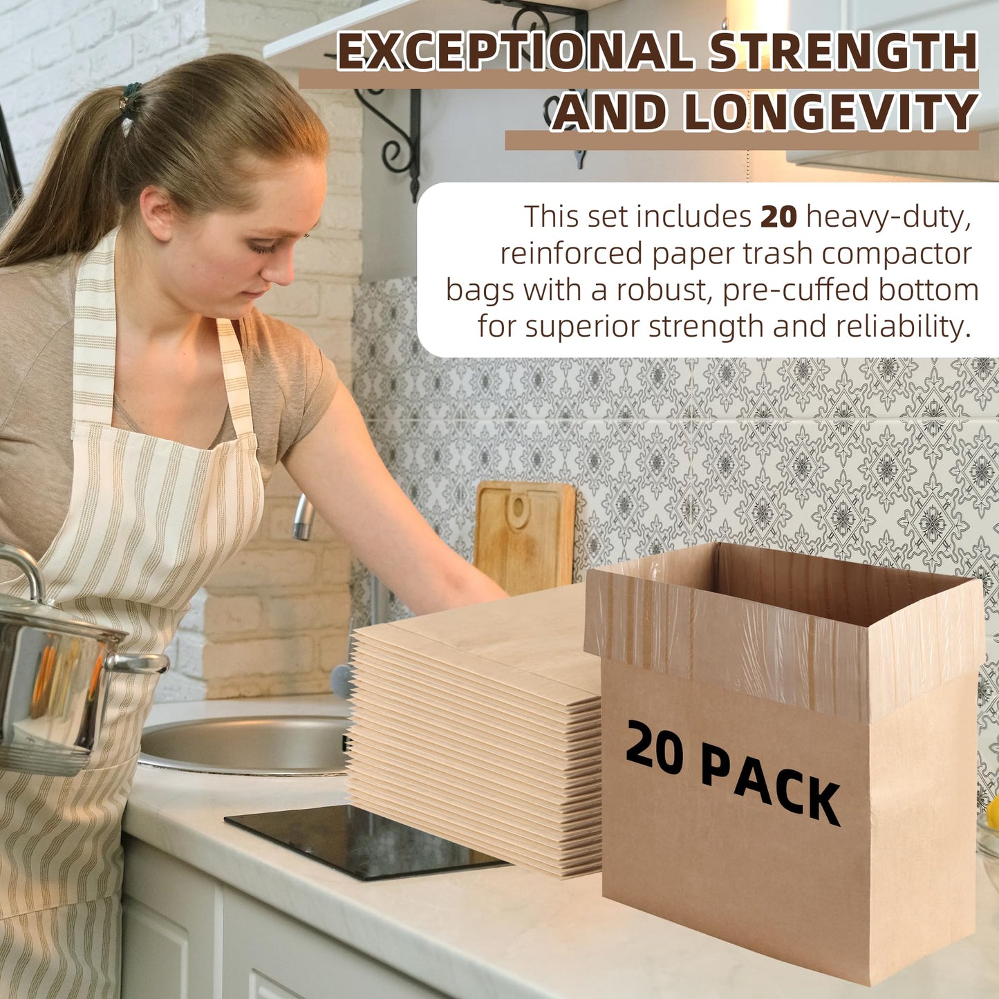 (20-Pack) Calvana Super Strong Compactor Bags, Heavy-Duty Kitchen Paper Trash Bags with Leak Proof Plastic Liner, Reinforced Bottom, Fits GE Model Compactors with Rectangular Containers