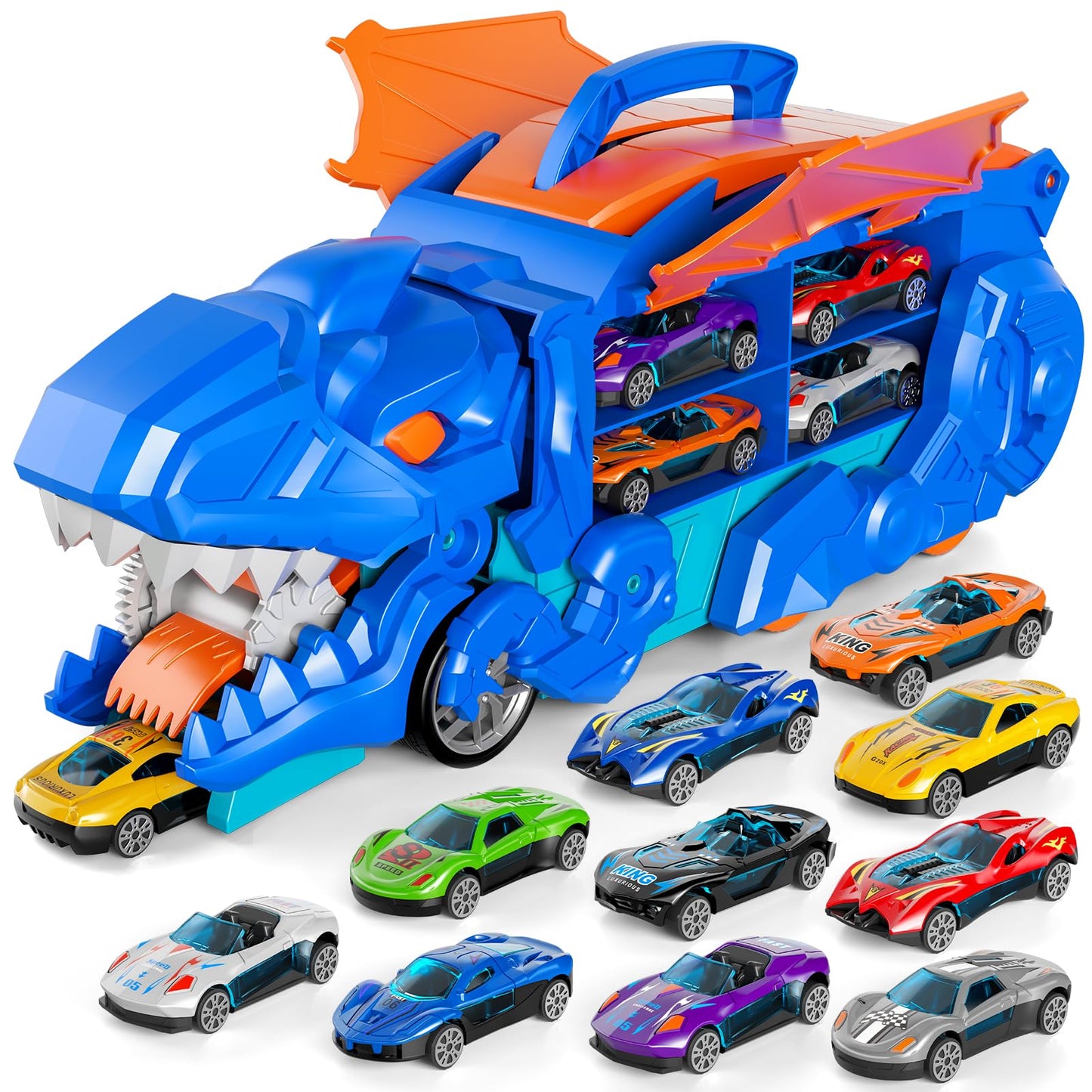 Toddler Dinosaur Truck Toys for 3 4 5 6 Years Old Boys, Cars Track Set Dinosaur Transporter Truck with 10 Die-Cast Cars, Transforms into Dino, Toddler Toys Set for Kids Boys Girls