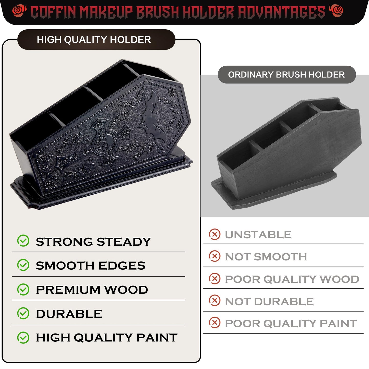 Coffin Decor Makeup Brush Holder,Spooky Witchy Gifts for Women,Skull Cosmetic Display Cases,Goth Decor Pen Holder, Vanity, Desk, Office Organizer for Bedroom Bathroom