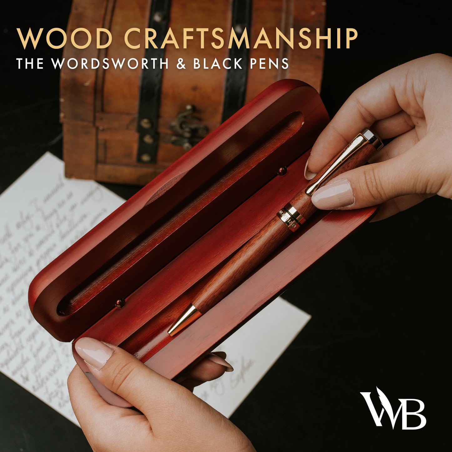 Wordsworth and Black Ballpoint Pen Set - Stunning Luxury Pen Bamboo Rosewood Gold Finish, Refillable, Best Ball Pen for Men & Women, Black Ink Refill, Elegant, Point Pen