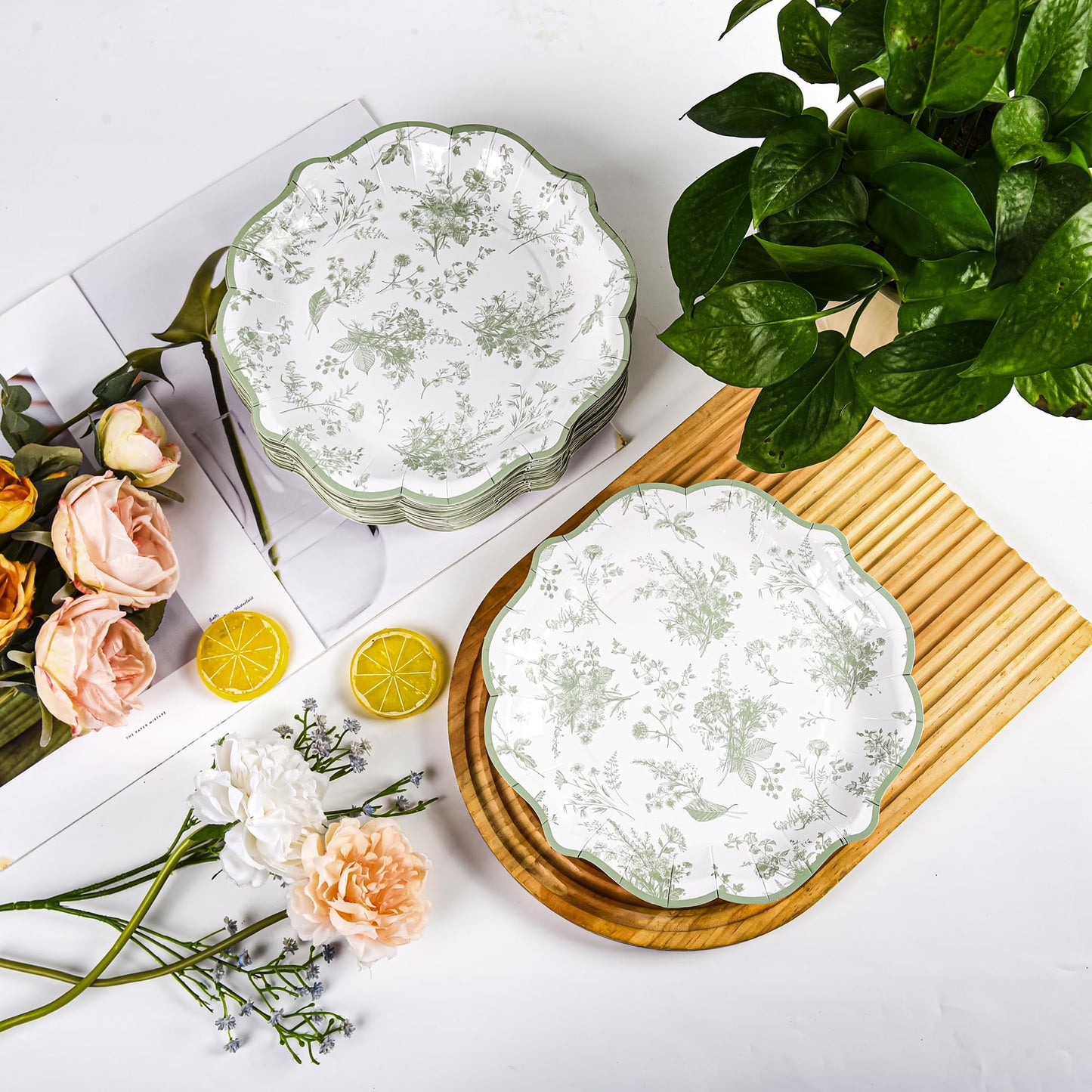 Elyxio Sage Green Floral Party Plates White Green Toile Disposable Paper Plates Flower Leaf 9" Scalloped Edge Dinner Plates for Bridal Baby Shower Wedding Tea Party Supplies Table Decor (48)