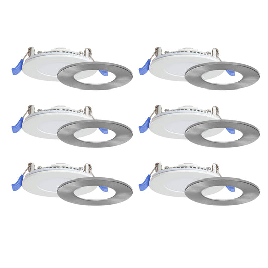 Nadair 3’’ LED Recessed Ultra Slim Lights, 6-Pack, IC Rated, Dimmable, 6W=50W, 450 Lumens, 3000K (Warm White), Large Junction Box, Quick Connect System, White Finish, Brushed Nickel Trim Included