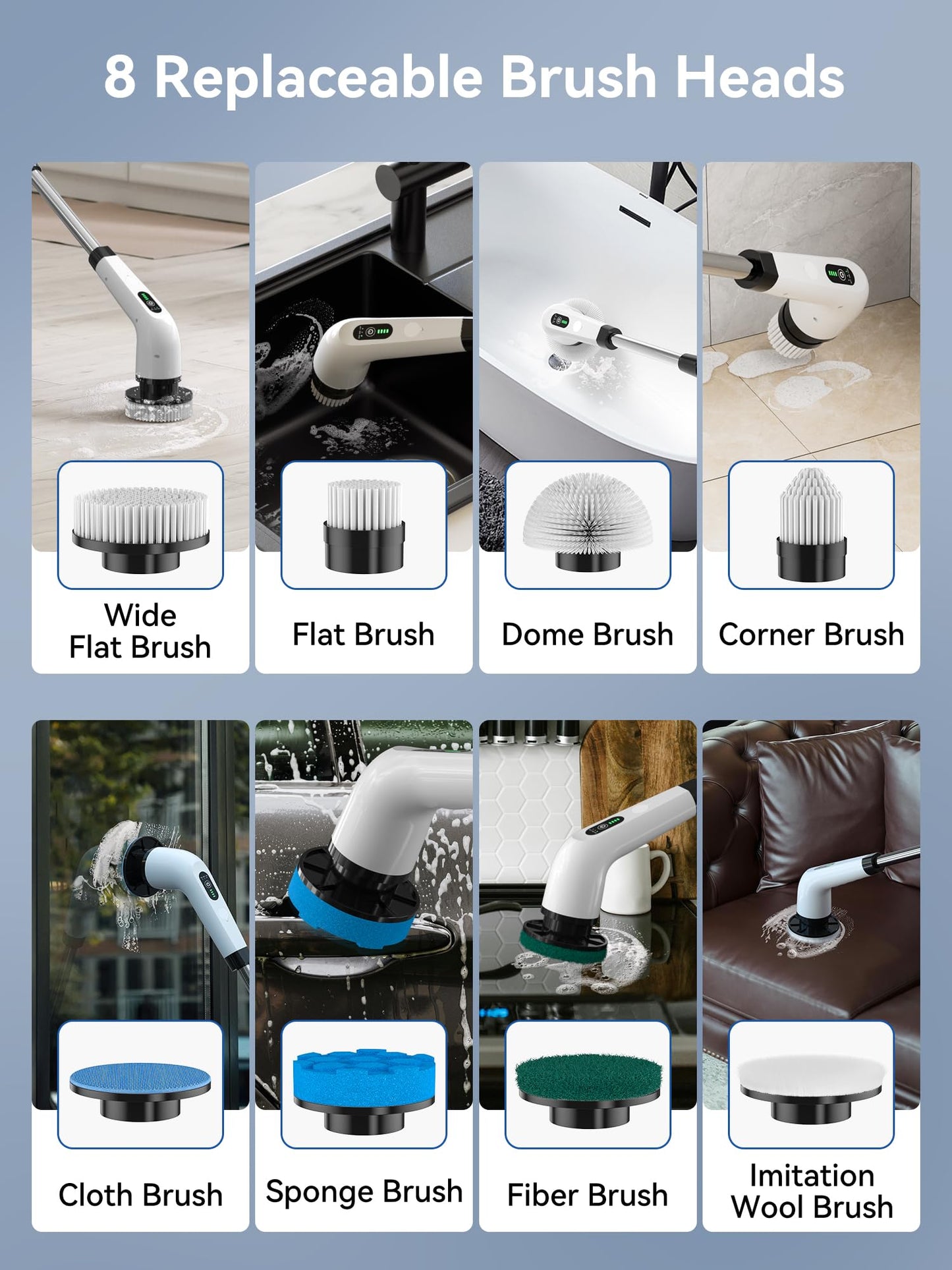 Electric Spin Scrubber for Cleaning, Bathroom Cleaning Brushes with 8 Replaceable Heads, 3 Adjustable Speeds Power Scrubber 3000mAh Rechargeable Battery Electric Handheld Brush for Bathtub Tile Floor