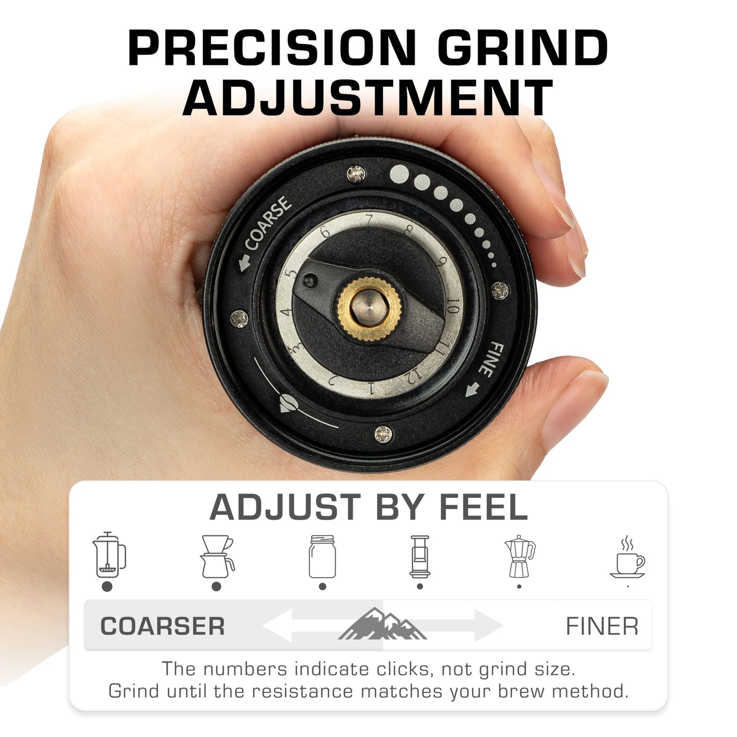 COLETTI Crag Manual Coffee Grinder — Hand Coffee Grinder — CNC Burr Precision Hand Grind, Heavy Duty for Travel, Camping, Hiking & Adventure – Includes Brush [Black Coat]